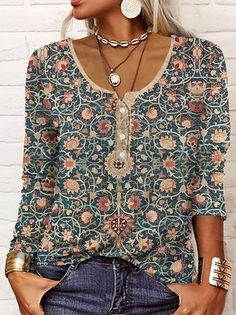 Spring Outfits Women, Knit Sweatshirt, U Neck, Long Sleeve Casual, Casual T Shirts, Vintage Prints, Shirt Online, T Shirt Top, Flower Power