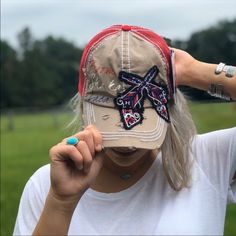 Red And Tan With Crossed Oistol Embroidery Front. Soft Red Mesh Back With Freedom Embroidered Velcro Strap Red Trucker Hat For Festival, Casual Baseball Cap For Festivals, Red Embroidered Snapback Hat, Embroidered Red Hats, Casual Red Hat One Size, Red Embroidered Snapback Trucker Hat, Casual Red Embroidered Hat, Red Embroidered Cap, Embroidered Patch Diy