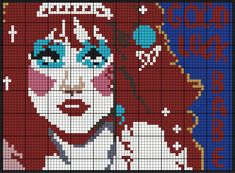 a close up of a cross stitch pattern with a woman's face on it