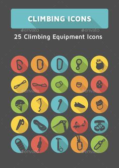 the 25 climbing equipment icons are shown in different colors and sizes, with long shadows on them