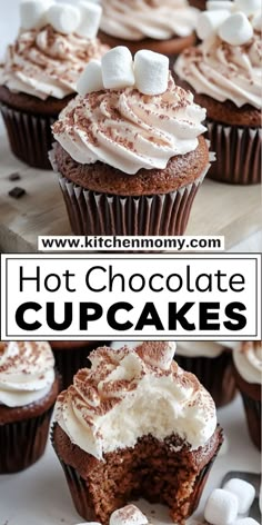 hot chocolate cupcakes with marshmallows on top and in the middle