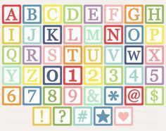 the alphabet is made up of different colors and shapes, including letters with numbers on them