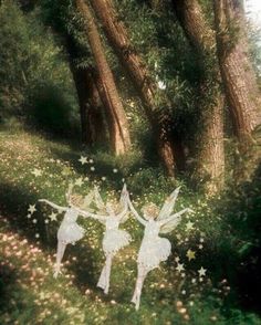 two fairy tinkerbells in the woods surrounded by flowers and trees with stars painted on them