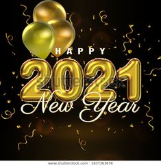 happy new year card with balloons and streamers in gold color on black background - stock photo