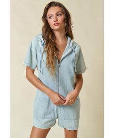 Denim zip-up front pocket hoodie romper. Denim Hoodie Romper Front Zip Closure Casual Hooded Jumpsuits For Fall, Casual Denim Jumpsuit With Zipper Closure, Casual Denim Jumpsuits And Rompers With Zipper Closure, Casual Denim Jumpsuit With Zipper For Spring, Fun Night With Friends, Hoodie Romper, Night With Friends, Blush Beauty, Denim Hoodie