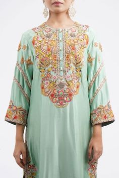 Pale blue kurta with embroidery. Comes with floral printed and red color blocked dupatta and a contrasting yellow salwar. - Aza Fashions Yellow Salwar, Blue Kurta, Women Kurta, Straight Kurta, Set Women, Floral Printed, Aza Fashion, Pale Blue, Three Quarter