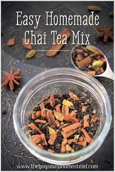 homemade chai tea mix in a glass jar with cinnamons and star anise