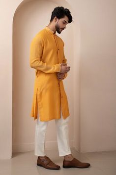 Yellow straight kurta with floral ditsy embroidery. Paired with solid straight pant. - Aza Fashions Traditional Fit Cotton Sherwani With Cutdana, Cotton Sherwani With Cutdana In Traditional Fit, Traditional Fit Straight Kurta For Navratri, Traditional Straight Kurta For Navratri, Yellow Cotton Sherwani With Resham Embroidery, Navratri Traditional Fit Straight Kurta, Fitted Handloom Chanderi Kurta, Handloom Long Sleeve Kurta For Diwali, Diwali Long Sleeve Handloom Kurta