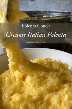 a spoon full of creamy italian polenta in a white bowl with the title above it