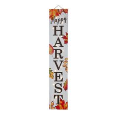 a sign that says happy harvest with fall leaves on the front and bottom of it