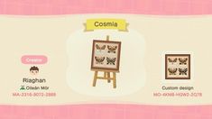 an animal crossing game screen with the name cosima on it and other items