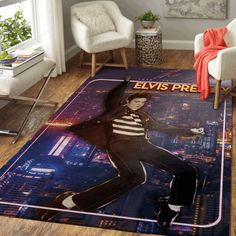 a living room area with a rug that has the image of michael jackson on it