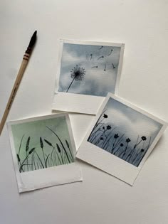 three watercolor paintings on paper with a brush next to one that has dandelions in it