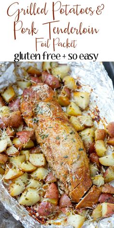 baked chicken and potatoes in foil with parmesan sprinkles