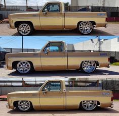 two pictures of a tan truck with chrome rims