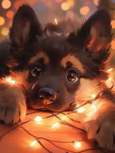 a painting of a dog laying on the floor with christmas lights around it's neck