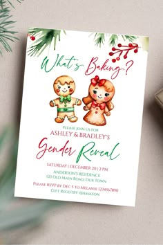 What's baking gingerbread Christmas gender reveal editable template Invitation digital download Christmas Gender Reveal Invitations, Girl Gingerbread Cookies, Christmas Themed Gender Reveal, Christmas Gender Reveal Ideas