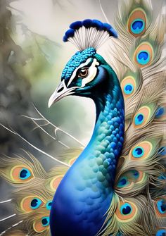 a painting of a peacock with feathers spread out