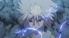 an anime character with white hair and lightning