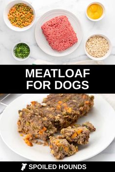 meatloaf for dogs on a white plate with bowls and spoons next to it