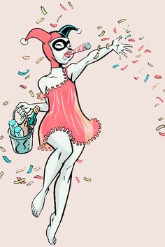 a drawing of a woman in a pink dress with confetti falling from her mouth