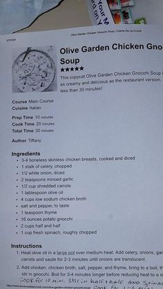 the recipe for olive garden chicken soup is shown here