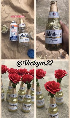 there are three pictures of roses in vases and one is made out of soda bottles