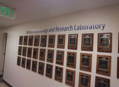 there are many framed pictures on the wall in this office lobby that says special technology and research laboratory