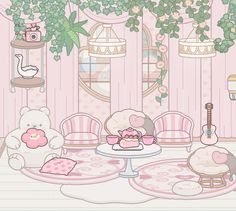 a room filled with furniture and pink walls