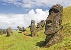 several moai statues on the side of a hill with grass and blue sky in the background