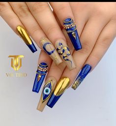 Egyptian Nails, Acrylic Coffin Nails, New Years Eve Outfit, Evil Eye Nails, Eye Nail Art, Sculptured Nails, Eve Outfit, Line Work