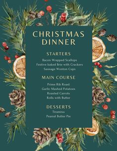 the christmas dinner menu with pine cones, oranges and other holiday foods on it