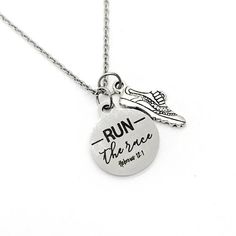 Scripture Gift Run The Race necklace Hebrews 12 1 Gift | Etsy Inspirational Silver Stainless Steel Jewelry, Meaningful Silver Stainless Steel Necklace, Inspirational Silver Stainless Steel Necklace, Inspirational Silver Stainless Steel Necklaces, Father's Day Nickel Free Stainless Steel Necklaces, Hand Stamped Silver Stainless Steel Charm Necklaces, Inspirational Silver Necklace For Father's Day, Stamped Stainless Steel Silver Necklace, Customizable Silver Stainless Steel Charm Necklaces