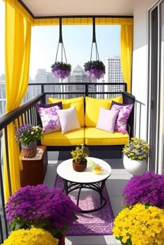 a yellow couch sitting on top of a balcony next to potted plants and flowers