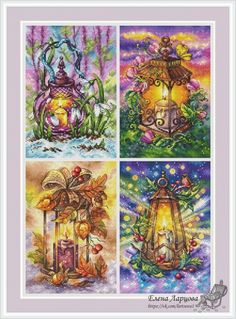 four cross stitch patterns with lanterns and flowers in the middle, one has a candle on it