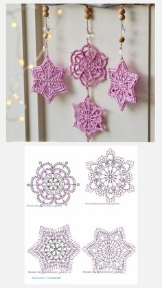 crochet snowflakes are hanging on the wall