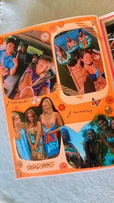 an orange book with pictures of people in it