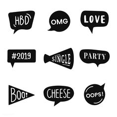 black and white speech bubbles with the words love, single party, cheese, boo's