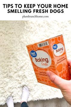 someone is holding up a box of baking soap in front of their feet on the floor