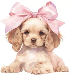 a small dog with a pink bow on its head sitting down and looking at the camera