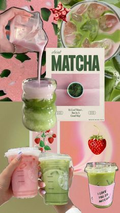 a collage of photos with green drinks and strawberries on them, including matcha