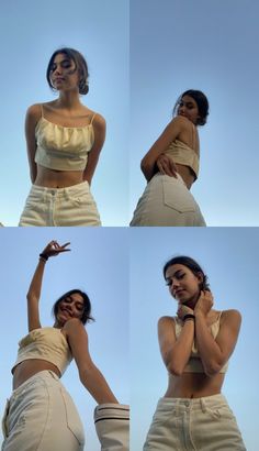 four different pictures of a woman with her hands on her hips and arms in the air