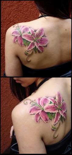 two pictures of the back of a woman's shoulder with pink flowers on it