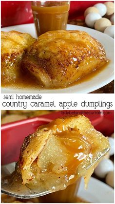 there are two pictures of some food on the plate and one has caramel apple dumplings in it