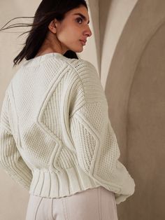 Sweeping over you like a warm blanket, this beautifully crafted sweater is made from a luxurious cotton blend to accompany you on life's cooler adventures.  RELAXED FIT: Expertly cut for a loose fit.  Dropped shoulder.  Cropped length.  Crew neck.  S Cotton Cable Knit Cropped Sweater With Crew Neck, Cozy Cotton Cropped Sweater, Geometric Sweater, Warm Blanket, Warm Blankets, Cropped Sweater, Cream White, Drop Shoulder, Banana Republic