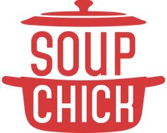 the soup chick logo is shown in red and white, with an oval pot on top