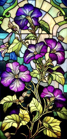 a stained glass window with purple flowers in it