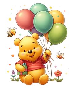 a winnie the pooh bear holding balloons and a box with a bee on it