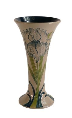 a vase with flowers painted on it is sitting in the middle of a white background