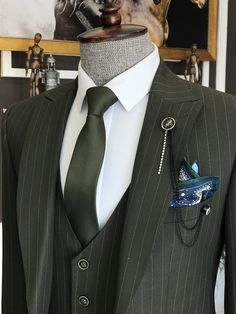 Bojoni Dark Green Striped Slim-Fit Suit 3-Piece | BOJONI Lapel Jacket, Slim Fit Blazers, Slim Fit Suit, Groom Suit, Groom And Groomsmen, Blazer Buttons, Green Stripes, Mens Suits, Dark Green